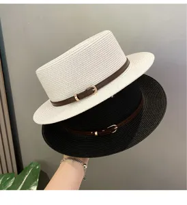 Stylish women flat top straw hat with belt buckle, summer sun protection retro fedora.