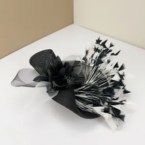 Vintage black white feather fascinator mesh flower hat elegant hair accessory for travel photo