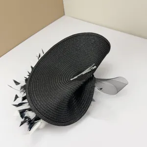 Elegant black feather and mesh fascinator detail, vintage hair clip accessory for women.