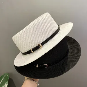 Women Vintage Straw Boater Hat British Flat Top Sun Hat Summer Beach Panama Hat With Belt Buckle Breathable Fedora Hat For Travel