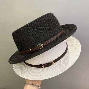 Women Summer Straw Hat Flat Top Fedora Sun Hat with Belt Buckle Vintage British Style