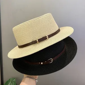 Summer straw fedora hat for women, vintage flat top sun hat with chic belt buckle design.