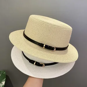 Women summer flat top straw hat with belt buckle vintage British style sun protection hat