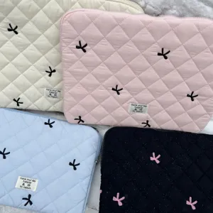 Quilted laptop sleeve with cute bow embroidery, soft padded tablet storage bag for 11/13/15 inch.