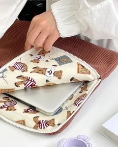 Korean corduroy laptop sleeve cute bear print tablet storage bag protective case for 11 inch ipad