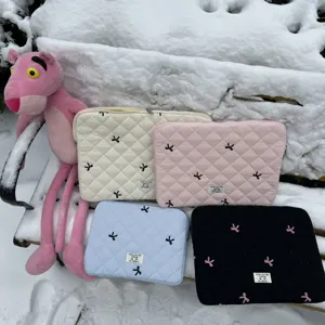 Korean Style Quilted Embroidered Bow Laptop Sleeve Waterproof Nylon Tablet Storage Bag For Women Daily Commute