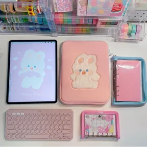 Cute Cartoon Rabbit Embroidery Bow Tablet Sleeve Cute Pink Computer Bag Soft Fluffy Laptop Case Organizer
