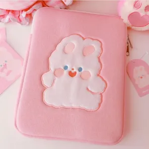Cute pink rabbit embroidered laptop sleeve detail, soft plush tablet pouch for daily use.