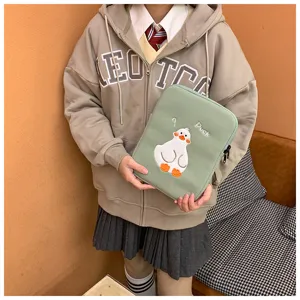 Cute canvas tablet sleeve with embroidered duck design, anti-drop protective bag for iPad.