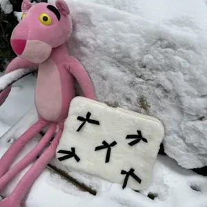 Cute white plush laptop sleeve with black bows, soft fuzzy sleeve for 13 15 inch notebook pc bag.