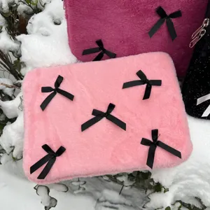 Cute bow plush laptop sleeve detail, soft furry notebook inner bag for women aesthetic