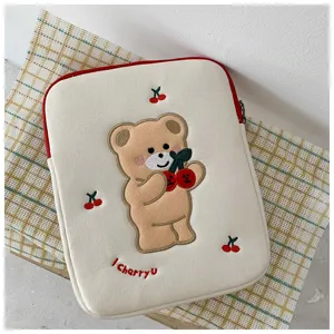 Süße bestickte Bär Laptoptasche, weiche Tablet Hülle mit Kirsch Design für 11 bis 13 Zoll.