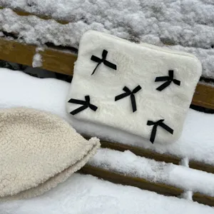 White plush laptop sleeve with black bows, cute furry tablet pouch for 11 13 15 inch.