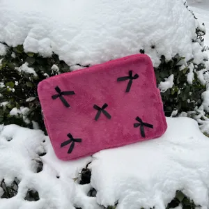 Cute pink plush laptop sleeve with black bows, soft fuzzy 13/15 inch notebook storage bag for women