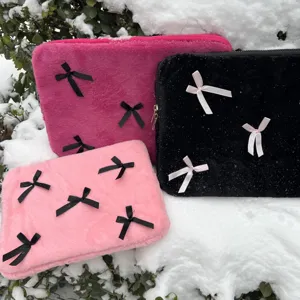 Cute plush laptop sleeve with bows aesthetic fuzzy tablet bag korean style tech pouch.