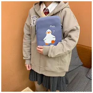 Cute duck embroidery detail on the soft blue-purple tablet sleeve, perfect protection.