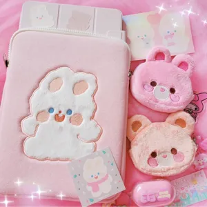 Korean style pink plush embroidery iPad tablet sleeve cute aesthetic storage bag set