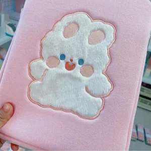 Cute pink plush embroidery tablet sleeve laptop bag detailed close up view design