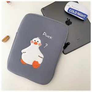 Grey tablet sleeve with cute duck embroidery, soft protective case for iPad and tablets.