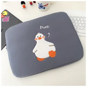 Cute duck embroidery laptop sleeve grey ipad tablet protective case soft inner bag aesthetic