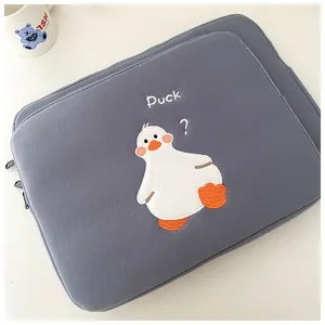 Gray cute duck embroidered laptop sleeve tablet protective case with zipper pocket.