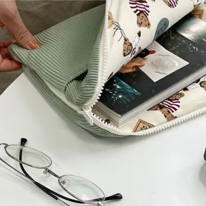 Korean corduroy laptop sleeve 11 inch tablet storage bag with cute bear print inner lining.