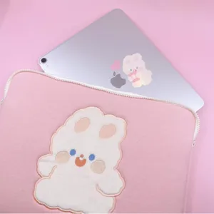 Pink plush rabbit embroidery iPad sleeve tablet storage bag cute aesthetic laptop case