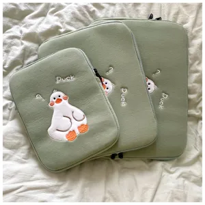 Cute green embroidered duck tablet sleeve case, soft protective laptop pouch with zipper for daily use.