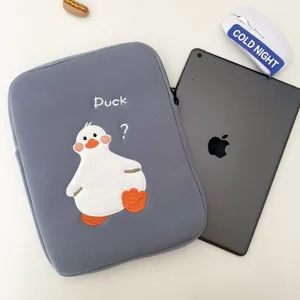 Cute duck embroidered tablet sleeve for iPad, grey protective case with lovely design.