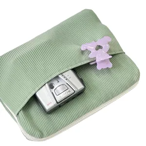 Korean corduroy tablet sleeve 11 inch cute green laptop bag with storage pocket and zipper.