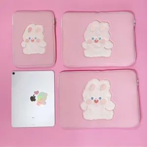 Pink cute rabbit embroidery laptop sleeve tablet storage bag for ipad cartoon design.