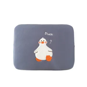 Grey tablet sleeve with cute duck embroidery, protective case for iPad and laptop use.
