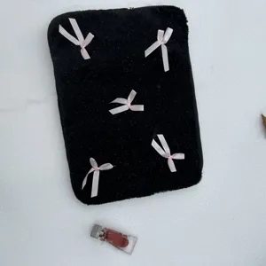 Black plush laptop sleeve with cute pink bows aesthetic fuzzy computer storage bag 13 inch
