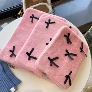 Korean INS cute pink plush laptop sleeve with black bows 13/15 inch aesthetic computer bag