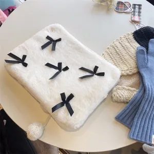 Cute white plush laptop sleeve with black bows, cozy aesthetic 11 13 15 inch computer bag