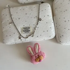White star pattern laptop sleeve iPad storage bag with metal chain and plush rabbit pendant