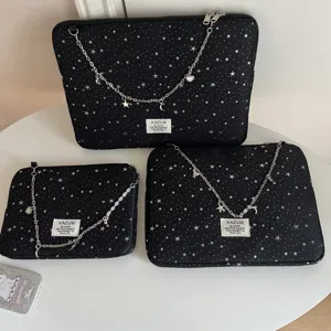 Starry pattern laptop sleeve set with metal chain decoration, chic tablet storage bag for daily use.