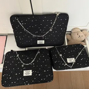 KAZUM stylish black star pattern laptop sleeve set with metal chain decoration and cute bear prop.