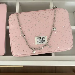 Pink star pattern laptop bag with silver chain strap, cute aesthetic tablet storage pouch.