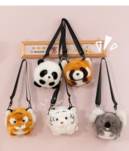 Cute simulation animal plush crossbody bag fluffy panda tiger koala toy purse detail view