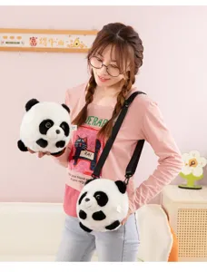 Cute giant panda plush crossbody bag and round stuffed toy detail view, soft and fluffy.