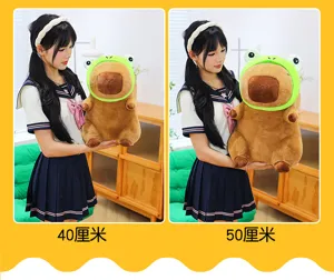 Cute capybara plush toy with frog hat, soft stuffed animal doll companion for girls birthday gift