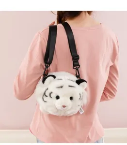 Detailed shot of the cute white tiger plush crossbody bag, soft texture and cute animal design.