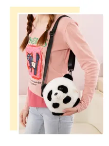 Cute giant panda plush crossbody bag detail view, soft fluffy animal bag for daily outings.