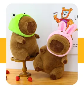 Cute capybara plush toy with frog and rabbit hoods, soft stuffed animal doll gift for kids.