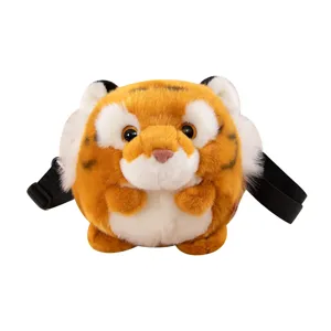 Cute simulation tiger plush cross-body bag round stuffed animal doll soft toy for travel kids