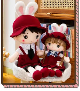 Cute cartoon couple plush dolls detail, lovely bunny ears and hats design for sweet gift.