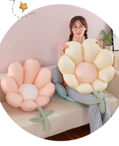 Cozy flower-shaped plush cushion scene, soft petal design, perfect for home office decor.