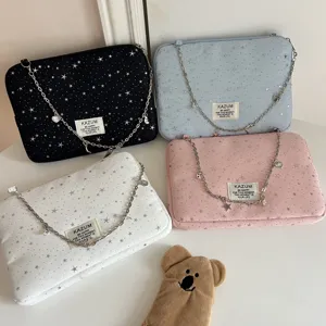 Korean INS style star pattern laptop sleeve with metal chain strap and cute charms.