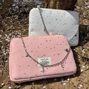 Pink and white star pattern laptop sleeve bag with metal chain strap and pendant accessories
